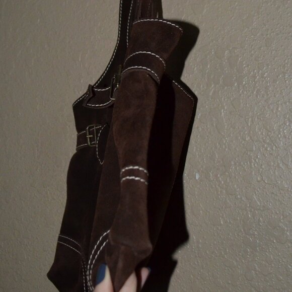 Ursula Beaugeste Dark Brown Suede Double Handle Tote Shoulder Handbag - Picture 3 of 6